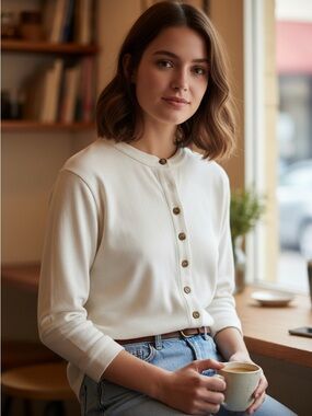 Womens Organic Cotton Cream Button-Front Long Sleeve Shirt